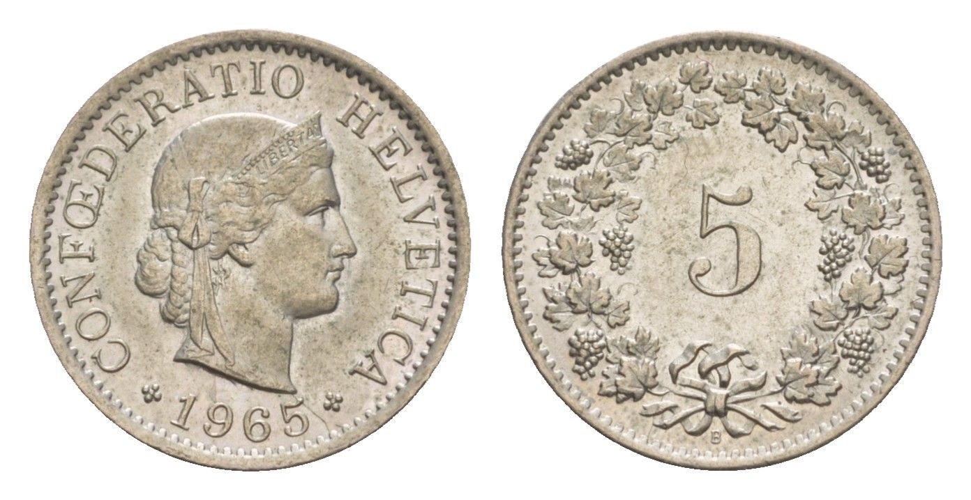 Швейцария 5 раппенов 1965 B, редкий год - 1.430.000 экземпляров KM 26 медно-никель UNC 633-1231