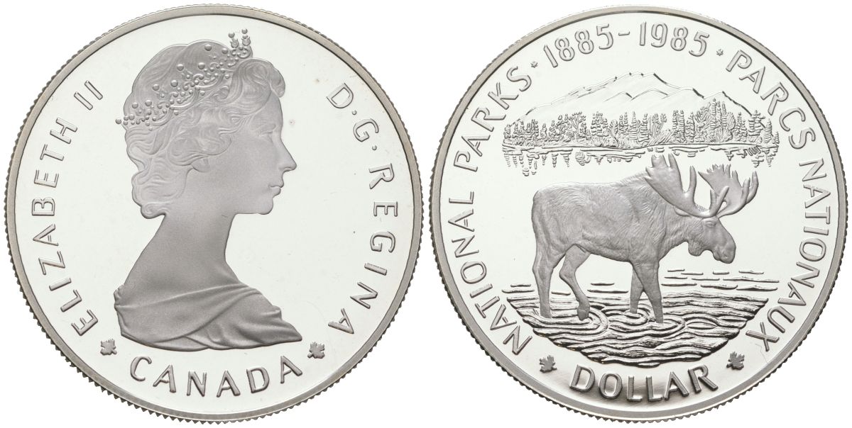Канада 1 доллар 1985 100 лет национальному парку (1885-1985), лось KM 143 серебро PROOF 11-085-24