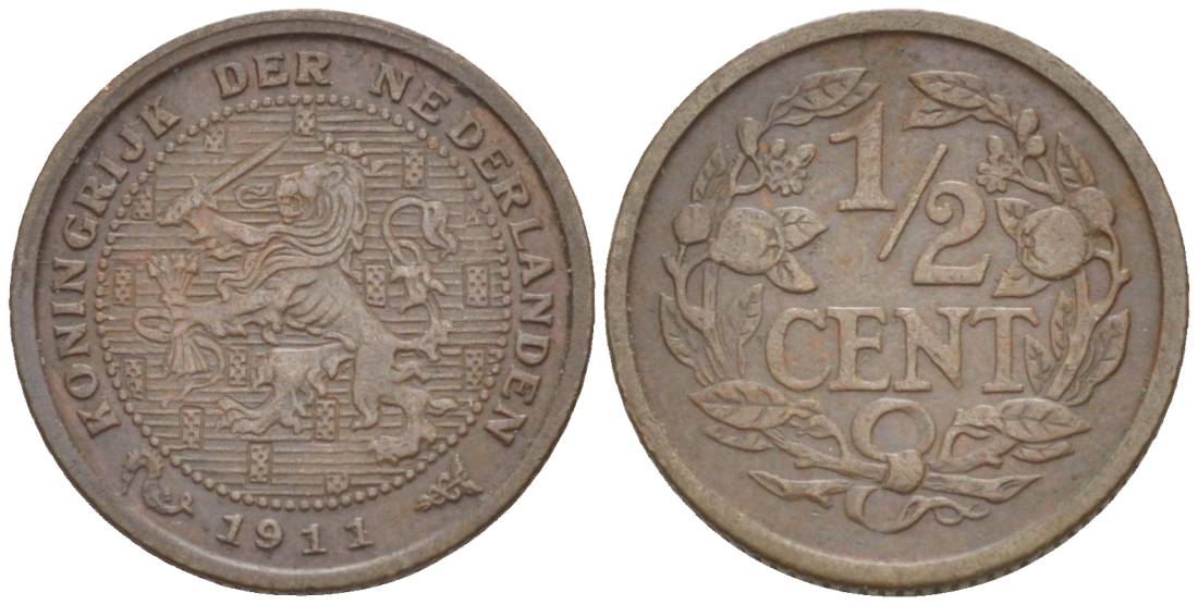НИДЕРЛАНДЫ 1/2 ЦЕНТА 1911 ВИЛЬГЕЛЬМИНА I (1891-1948) KM 138 бронза 4547-1241