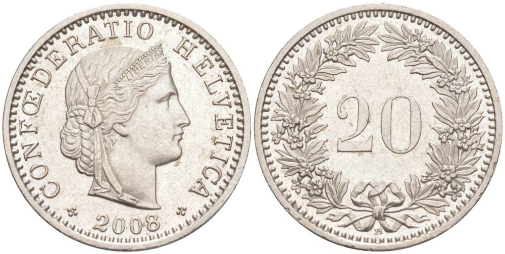 ШВЕЙЦАРИЯ 20 РАППЕНОВ 2008 В KM 29a медно-никель 55-1047