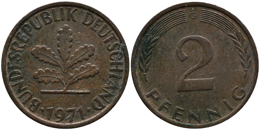 ФРГ 2 пфеннига 1971 G KM 106а, J.381а сталь плакированная медью 99-211