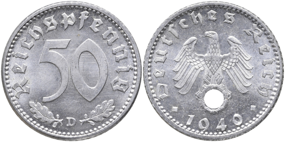 Германия 50 рейхспфеннигов 1940 D KM 96, J.372 алюминий UNC 00-821-75