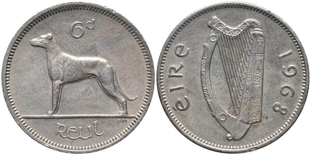 ИРЛАНДИЯ 6 ПЕНСОВ 1968 ИРЛАНДСКИЙ ВОЛКОДАВ KM 13а медно-никель 4387-1138