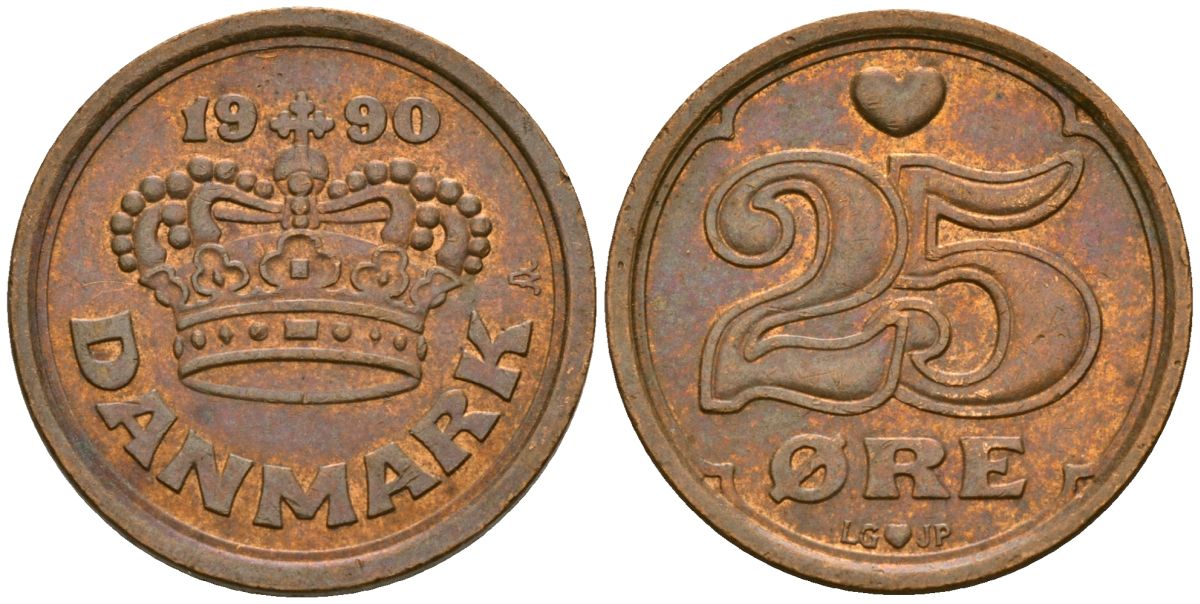 Дания 25 эре 1990 Маргрете II (1972- ) KM 868 бронза 4136-355