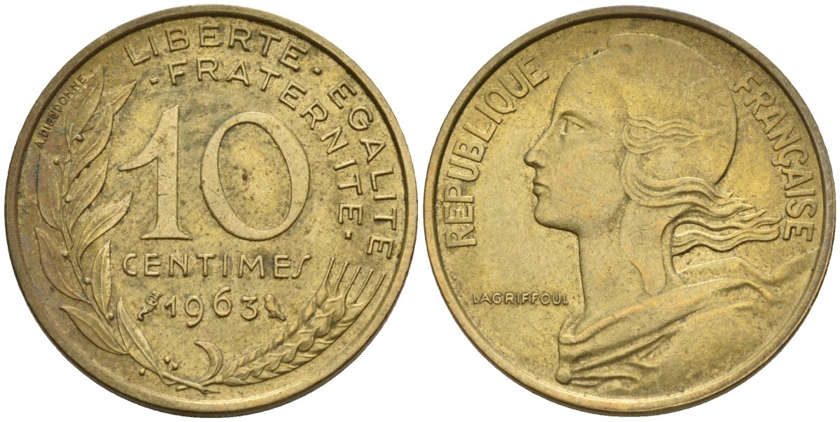 Франция 10 сантимов 1963 KM 929 алюминиевая бронза 4143-1051