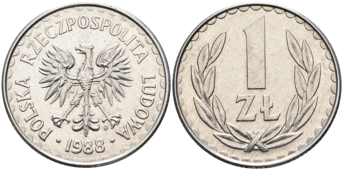 Польша 1 злотый 1988 MW, Народная Республика KM 49.2, Parchimowicz 214c алюминий 4388-613