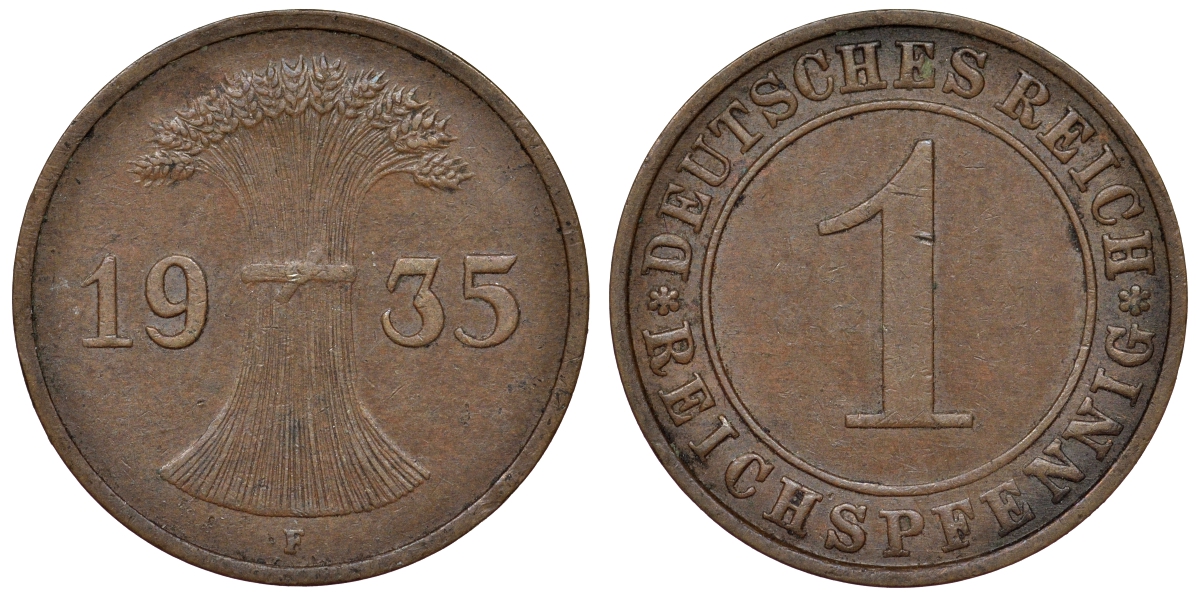 Германия 1 рейхспфенниг 1935 F KM 37, J. 313 бронза 4124-131