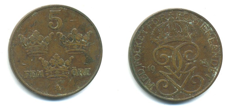 ШВЕЦИЯ 5 ЭРЕ 1915 KM 779.2 бронза 04-951