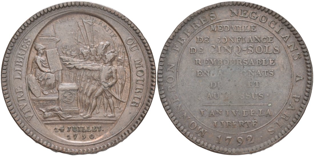 Франция 5 солей (су) 1792 LAN 4, революции, токен, VIVRE LIBRAS OU MOURIR ("Жить свободным или умереть", MONNERON FRERES NEGOCIANS A PARIS (Торговцы братья Моннерон. Париж). KM Tn31, Guilloteau 291, Mazard 145 бронза 4552-931