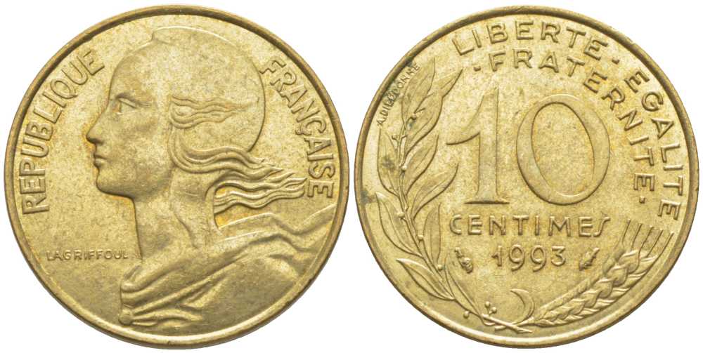 ФРАНЦИЯ 10 САНТИМОВ 1993 ТИП MARIANNE KM 929, LE FRANC 144.35 медь алюминий никель 116-429