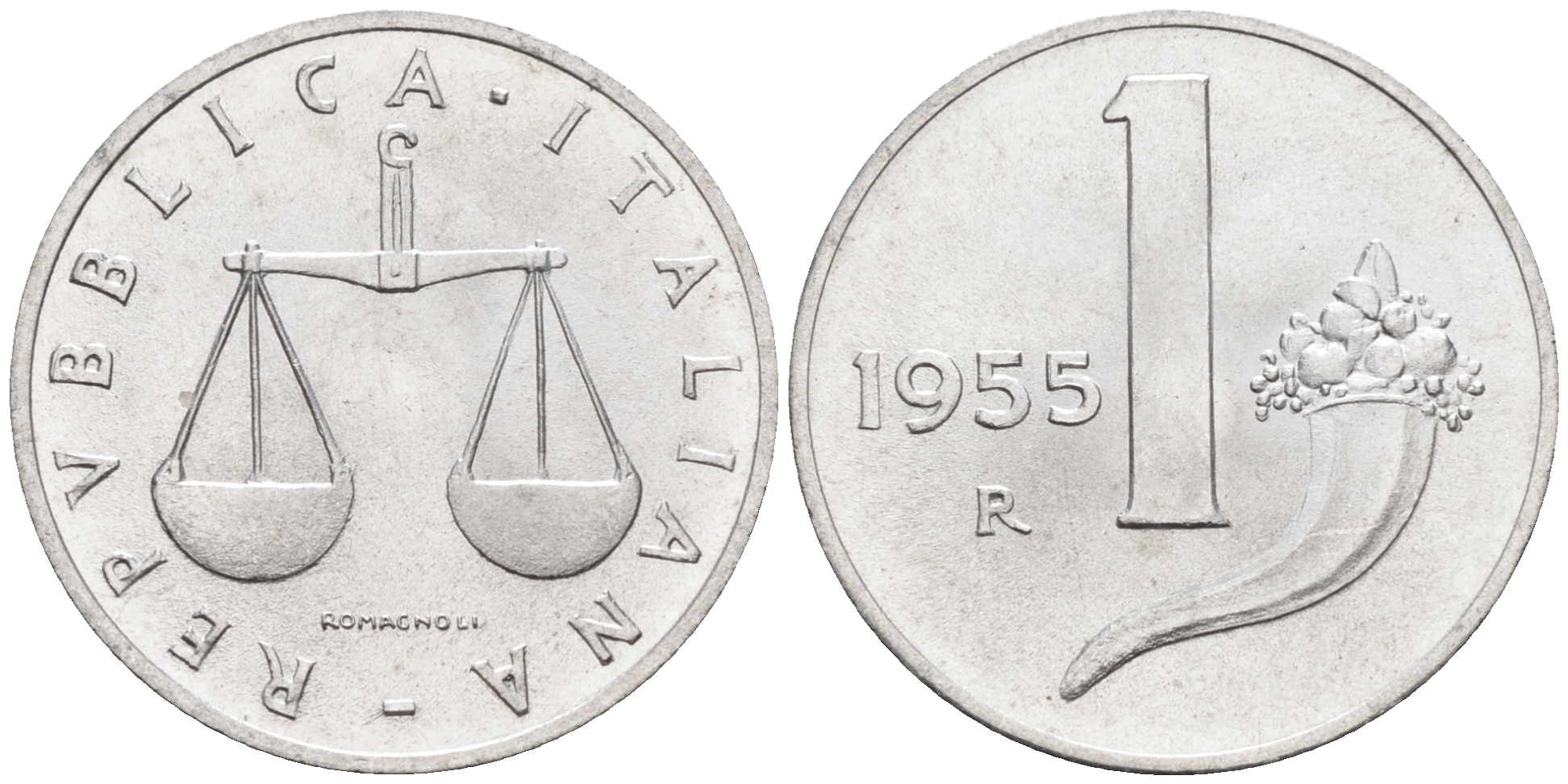 Италия 1 лира 1955 R, весы KM 91 алюминий  UNC  4594-732