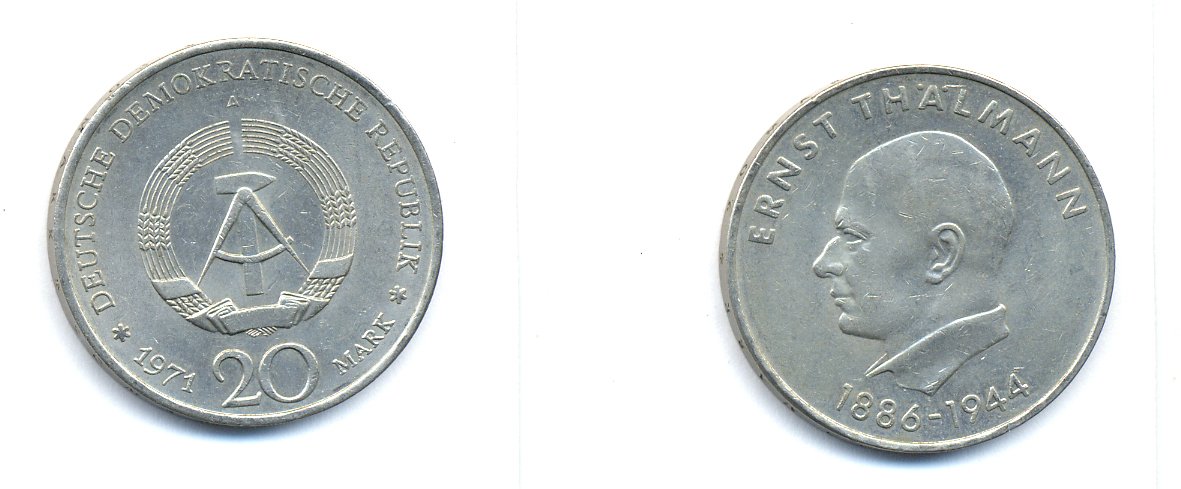 ГДР 20 марок 1971 A, 85 лет со дня рождения Эрнста Тельмана KM 34, J. 1535 медно-никель 3333-542