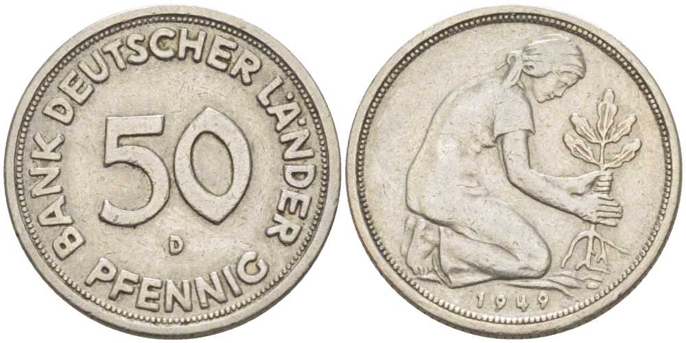ФРГ 50 пфеннигов 1949 D KM 104, J. 379 медно-никель 175-142