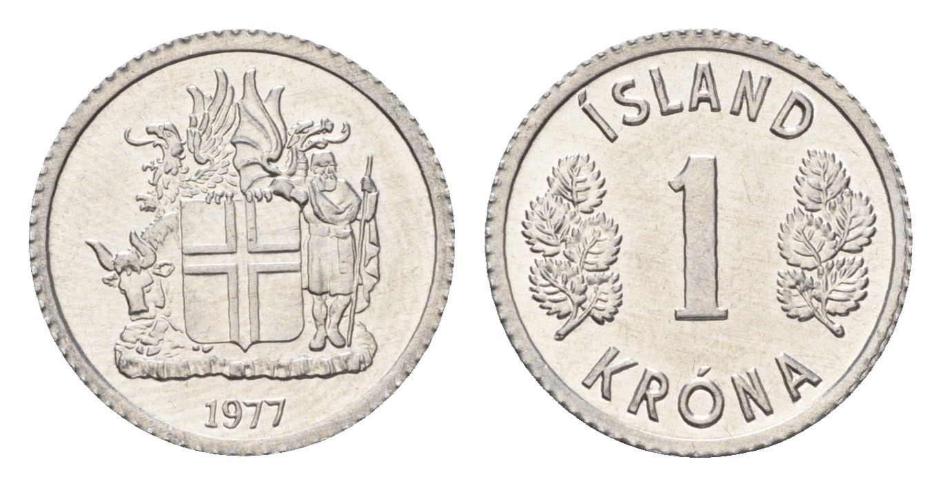 Исландия 1 крона 1977 KM 23 алюминий UNC 4687-816