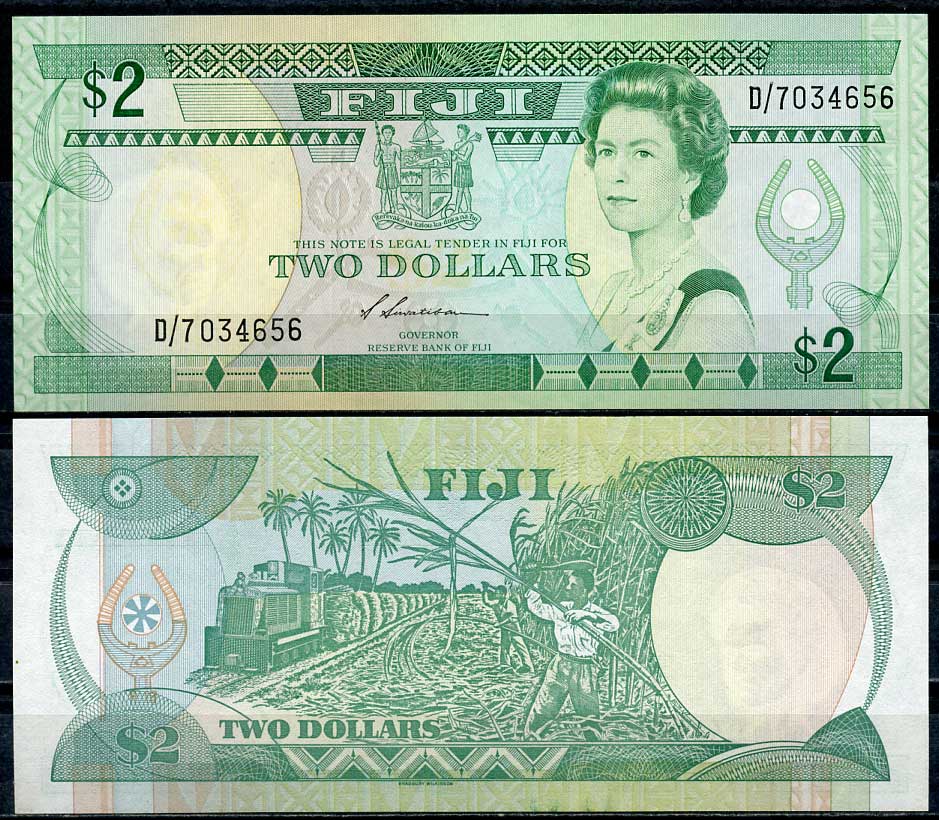 Фиджи 2 доллара ND (1988) Елизавета II (1952-2022), комбайн для уборки сахарного тростника Pick 87 a  бумага  UNC (пресс) 449-15-3