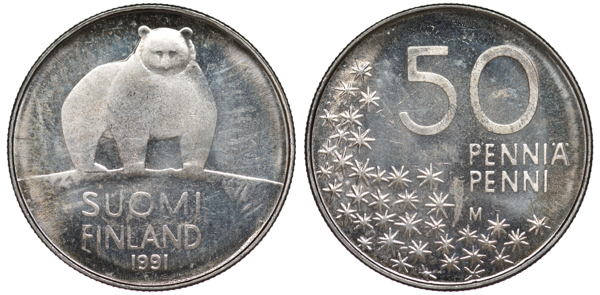 Финляндия 50 пенни 1991 M, полярный медведь KM 66 медно-никель 3334-1219