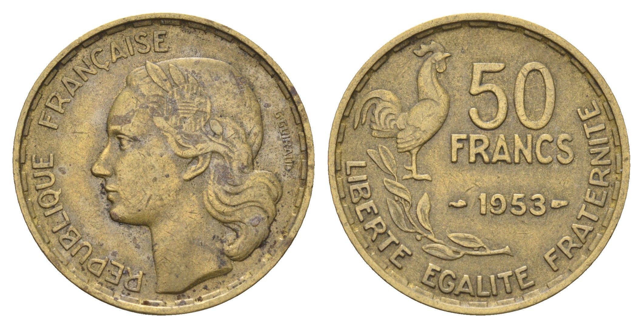 Франция 50 франков 1953  KM 918.1 алюминиевая бронза    4660-325