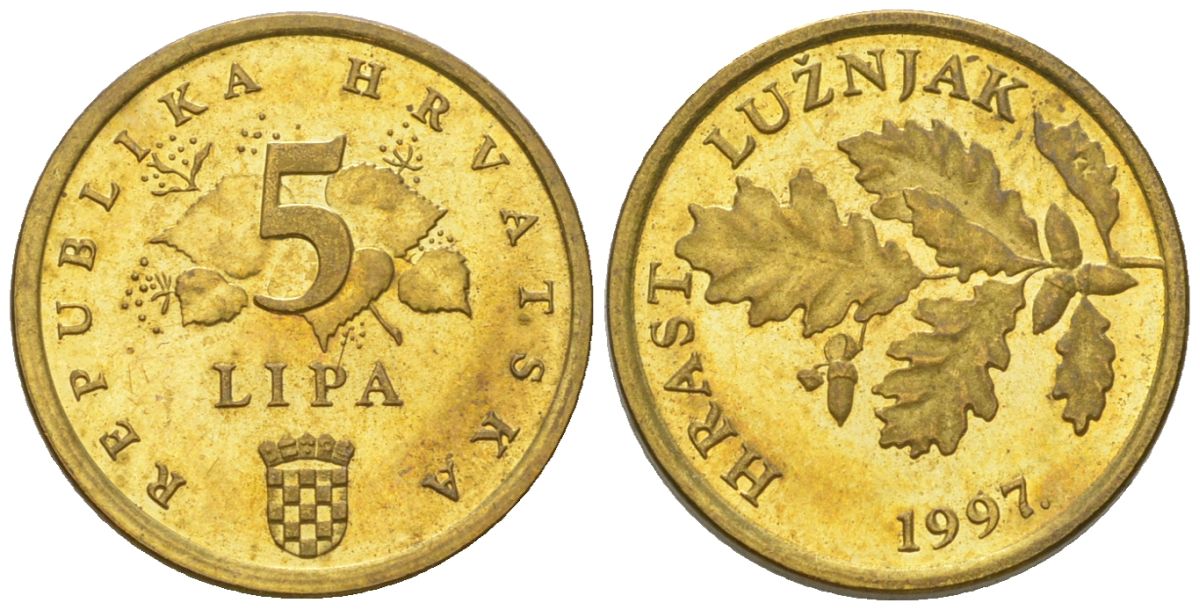 Хорватия 5 лип 1997 нечетный год KM 5 сталь плакированная латунью  UNC  4124-727