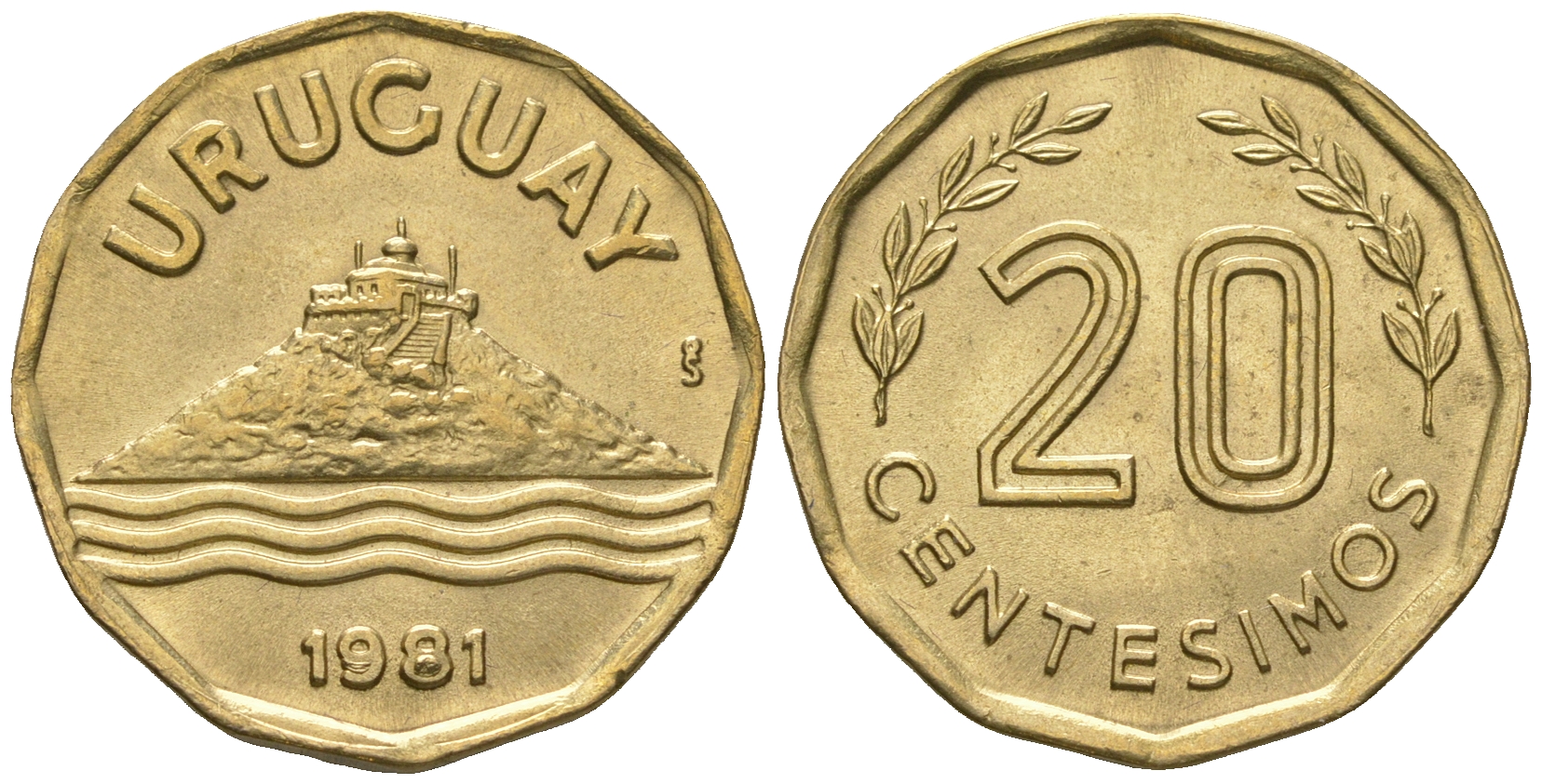 Уругвай 20 сентесимо 1981  KM 67, Schoen 49, SA 122 алюминиевая бронза  UNC  4448-256