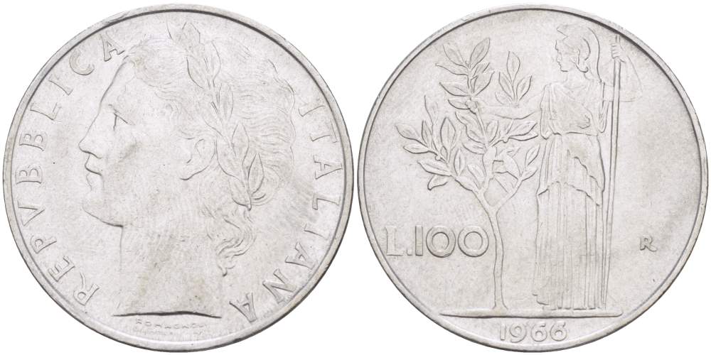 ИТАЛИЯ 100 ЛИР 1966 R, АФИНА KM 96.1 нержавеющая сталь 4526-321
