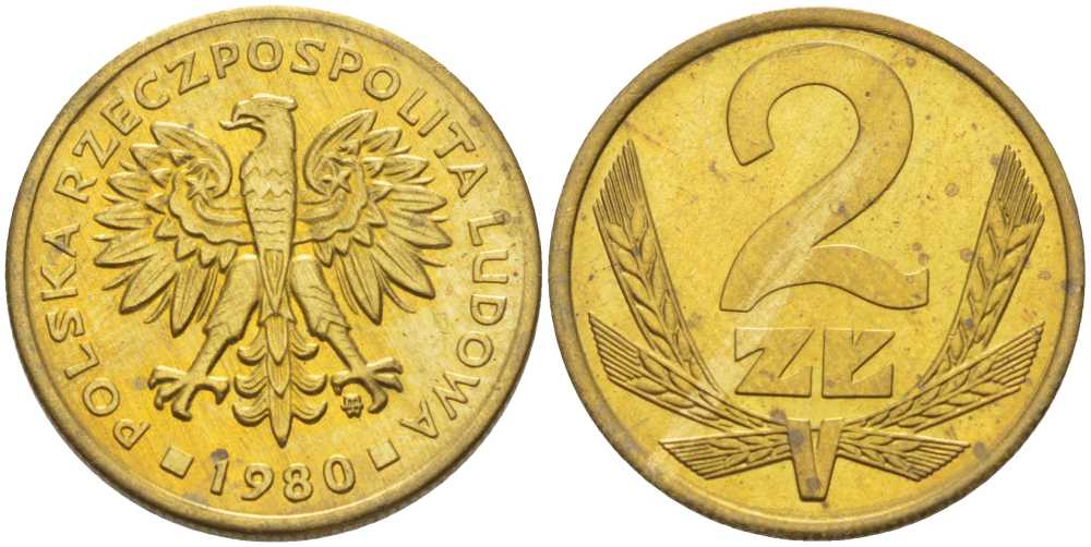 Польша 2 злотых 1980 MW KM 80.1, Parchimowicz 217g латунь UNC 4147-156