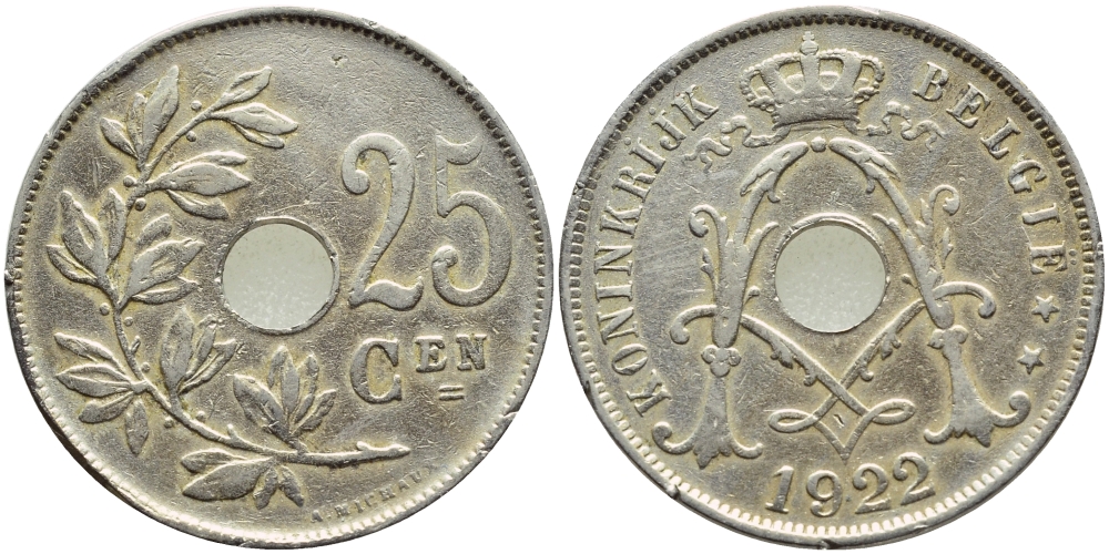 БЕЛЬГИЯ 25 САНТИМОВ 1922 BELGIE KM 69 медно-никель 86-1017