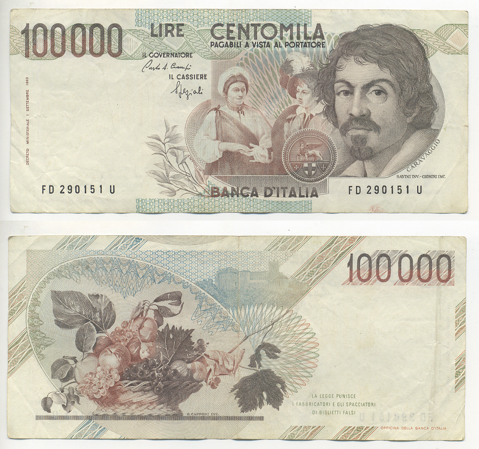 Италия 100000 лир 1983 Караваджо, фруктовый букет, подпись Speziali Pick 110b бумага 7220-18-1