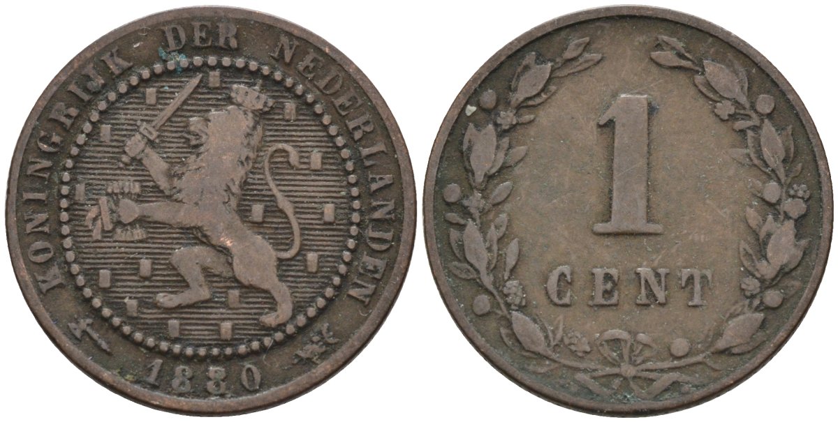 Нидерланды 1 цент 1880 Виллем III (1849-1890) KM 107 бронза 4576-553