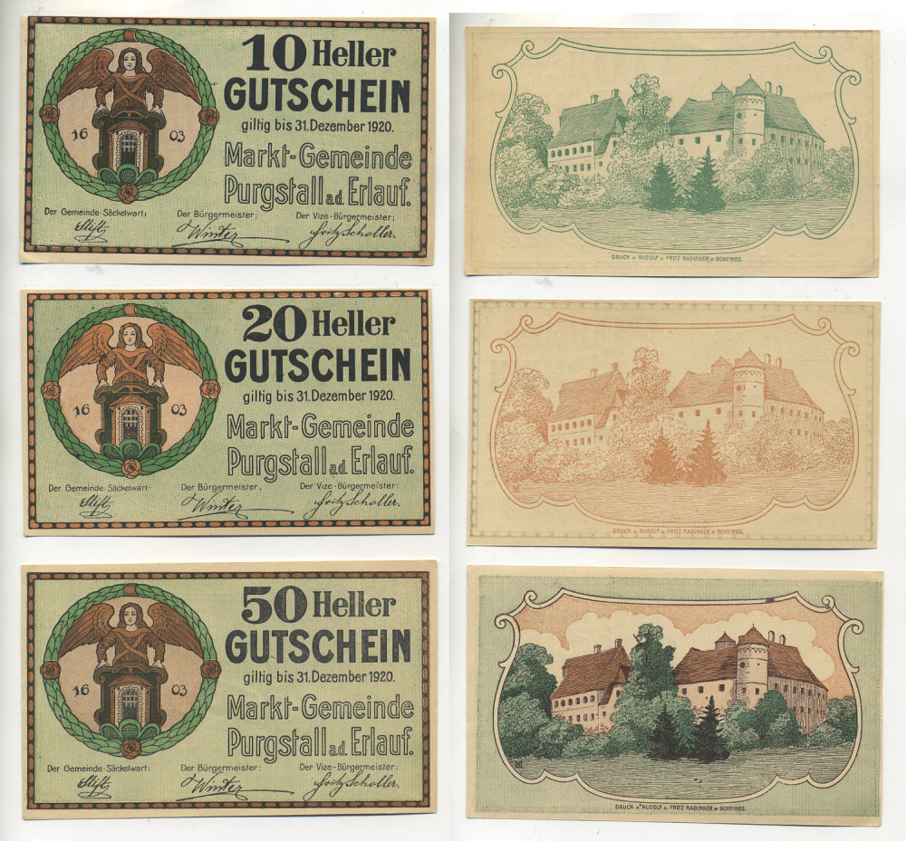 Австрия набор из 3 банкнот 1920 до 31 декабря 1920, нотгельд, 10, 20, 50 геллеров, PURGSTALL am der ERLAUF   бумага  aUNC  7555-12-3-2