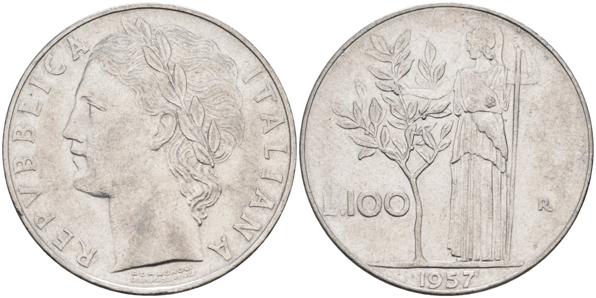 Италия 100 лир 1957 R, Афина в доспехах KM 96.1 нержавеющая сталь 81-1243