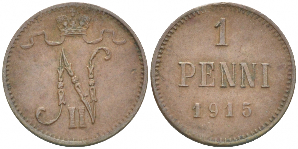 РОССИЯ ДЛЯ ФИНЛЯНДИИ 1 ПЕННИ 1915 НИКОЛАЙ II KM 13, Биткин 475 медь 261-1156