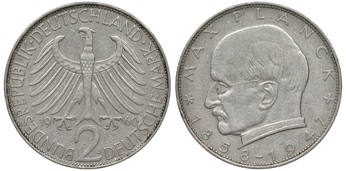 ФРГ 2 марки 1960 J, Макс Планк KM 116, J. 392 медно-никель плакированный никелем 72-311