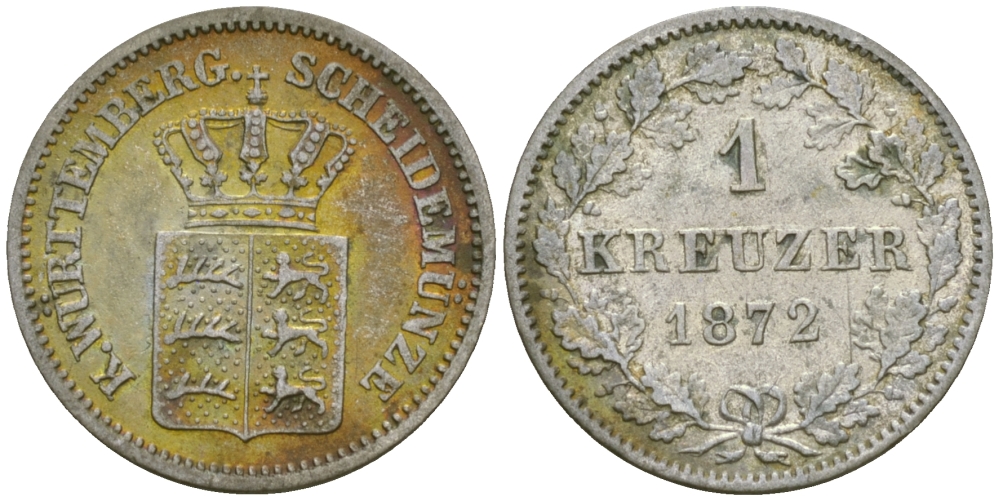 Вюртемберг 1 крейцер 1872 Карл I (1864-1891) KM 612, Jaeger 82, AKS 128 серебро 99-821