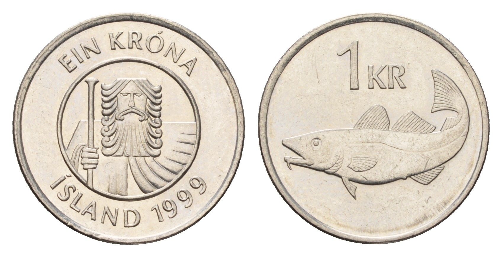 Исландия 1 крона 1999 треска KM 27a сталь плакированная никелем UNC 4687-847