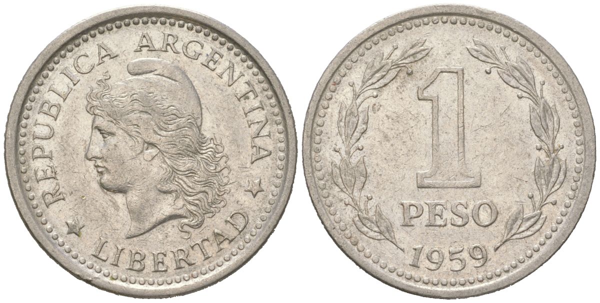Аргентина 1 песо 1959 голова свободы влево KM?57 сталь плакированная никелем 4364-426