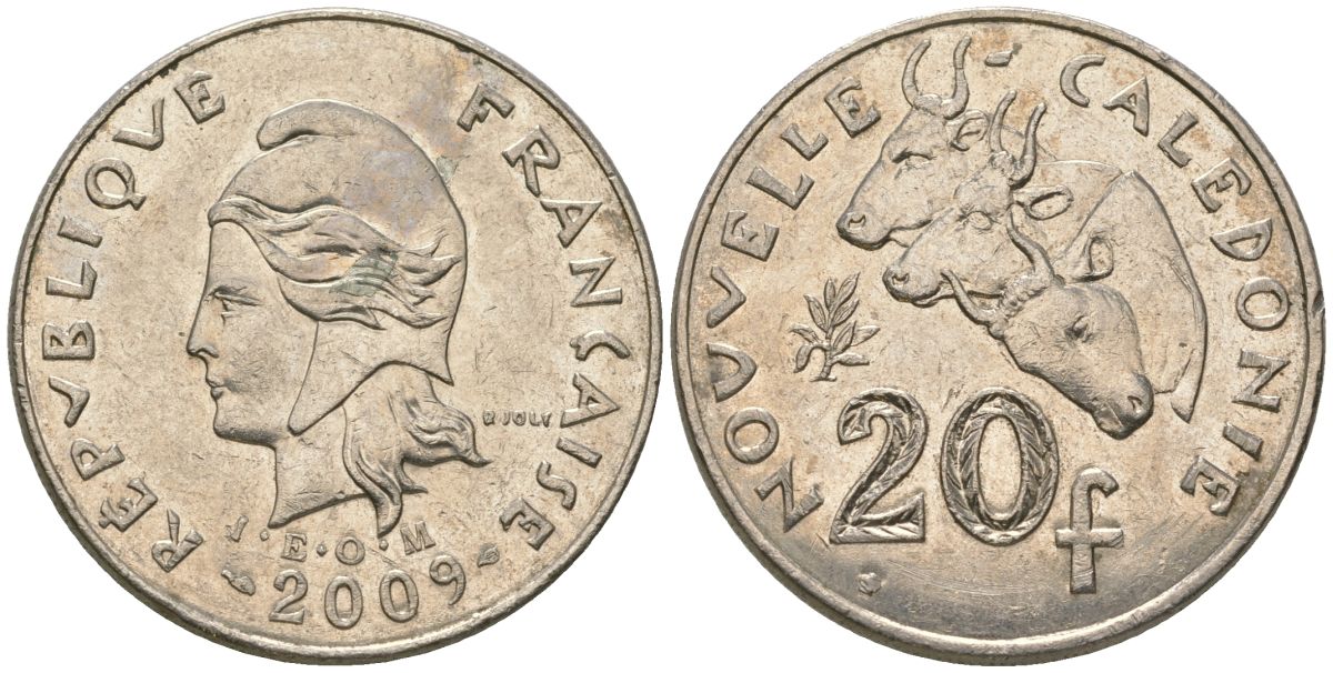Французская Новая Каледония 20 франков 2009 три быка, (IEOM) KM 12a, Schoen 14a, Lec 115j медно-никель 82-1231
