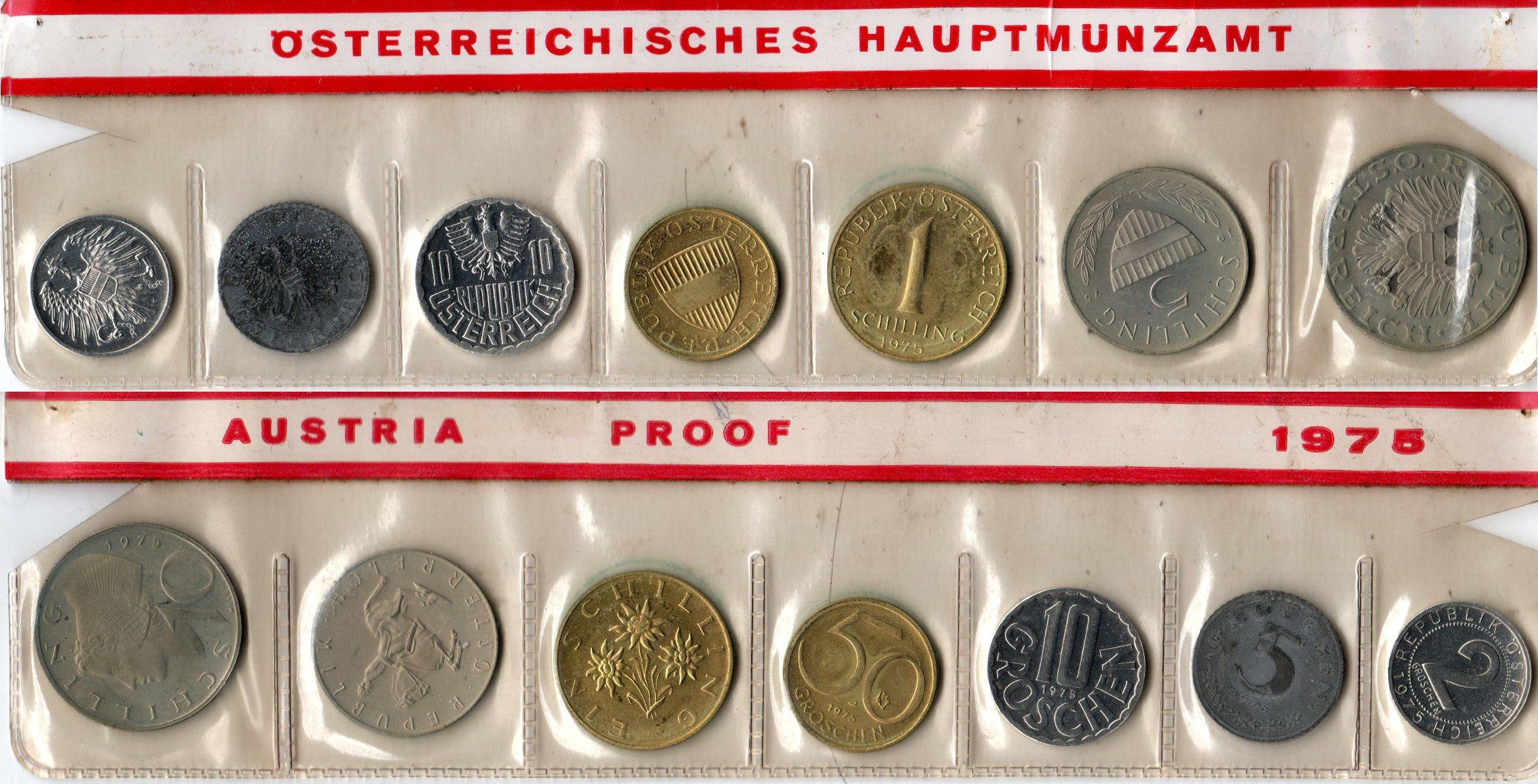 Австрия годовой набор из 7 монет (2, 5, 10 и 50 грошей; 1, 5 и 10 шиллингов) 1975 в упаковке монетного двора KM PS33 (2875, 2876, 2878, 2885, 2886, 2889a и 2918) PROOF 3-4-13-02