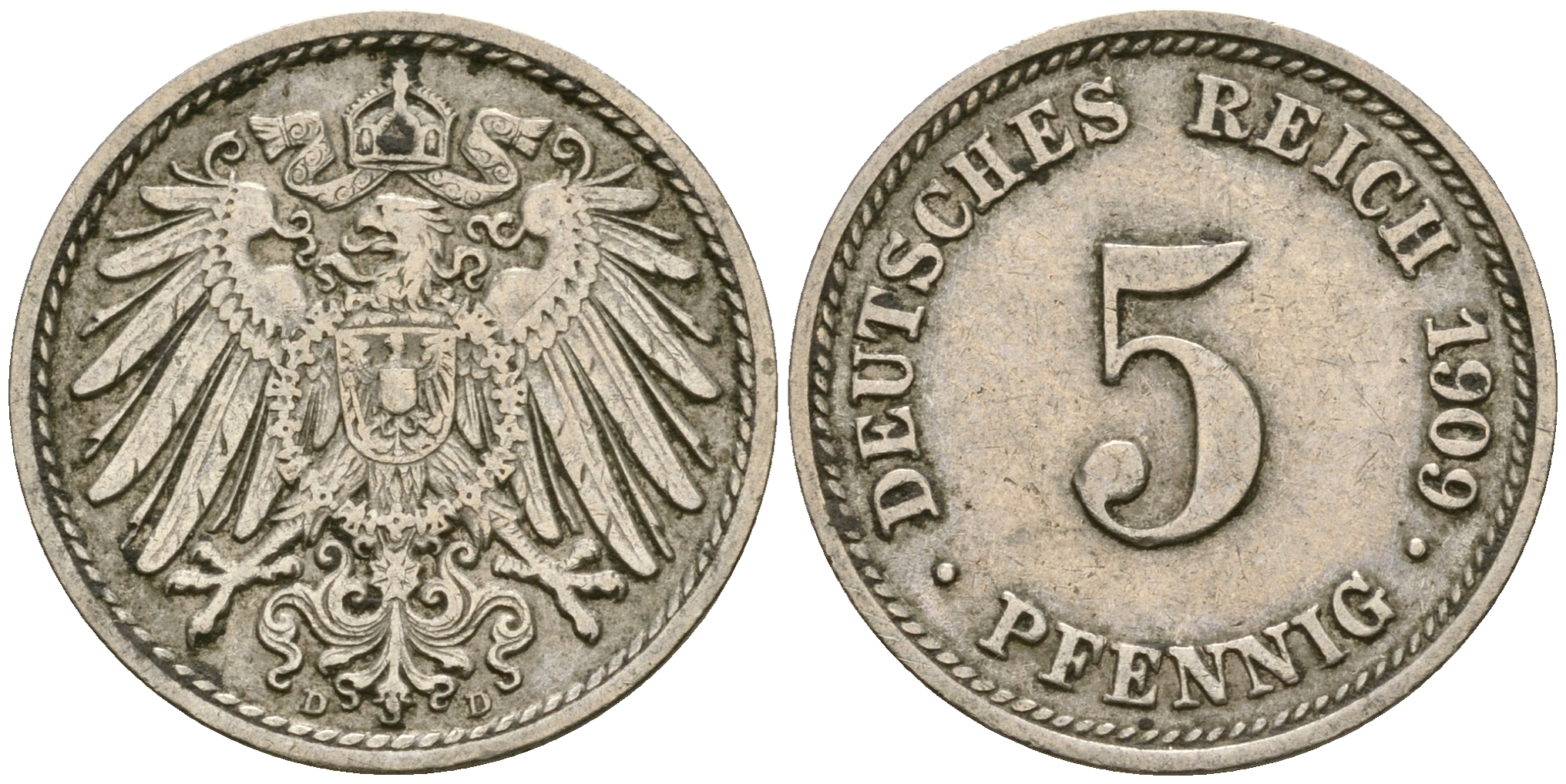 Германия 5 пфеннигов 1909 D, KM 11, J. 12 медно-никель 4608-851
