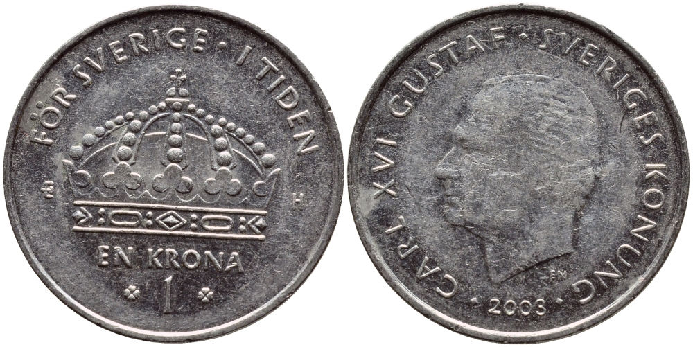 Швеция 1 крона 2003 Карл XVI Густав (1973- ) KM 894 медно-никель 4380-635