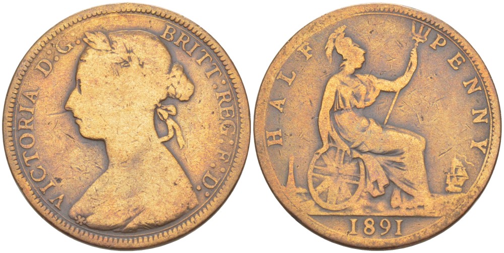 Великобритания 1/2 пенни 1891 Виктория (1837-1901) KM 754, Spink 3956 бронза 4543-1234