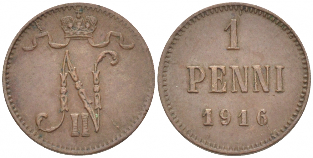 РОССИЯ ДЛЯ ФИНЛЯНДИИ 1 ПЕННИ 1916 НИКОЛАЙ II (1895-1917) KM 13, Биткин 476 медь 211-1028