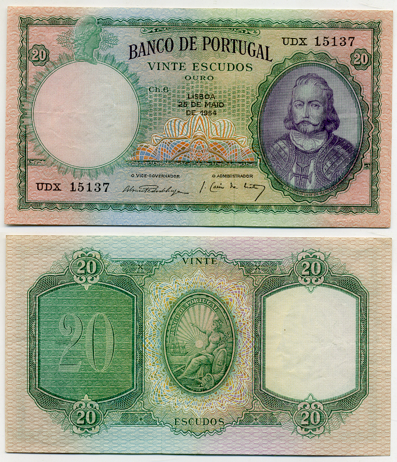 ПОРТУГАЛИЯ 20 ЭСКУДО 1954 25.05.1954, Антонио Луис Менезес Pick 153a бумага 8564-2-4