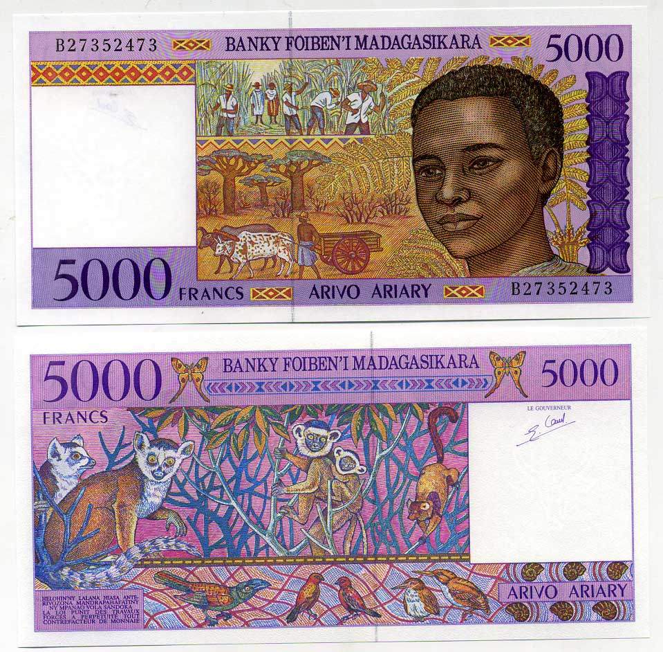 Мадагаскар 5000 франков (1000 ариари) ND (1995) животный и сельскохозяйственный мир, подпись 5 Pick 78b бумага UNC (пресс) 445-67-3
