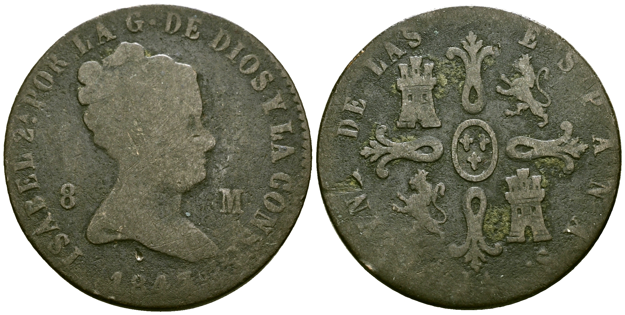 Испания 8 мараведи 1843 J - Xубия KM 531 медь 4571-1241