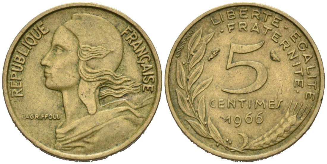 Франция 5 сантимов 1966 ТИП MORLON KM 933, Le Franc 125.2 медь алюминий никель 4564-765