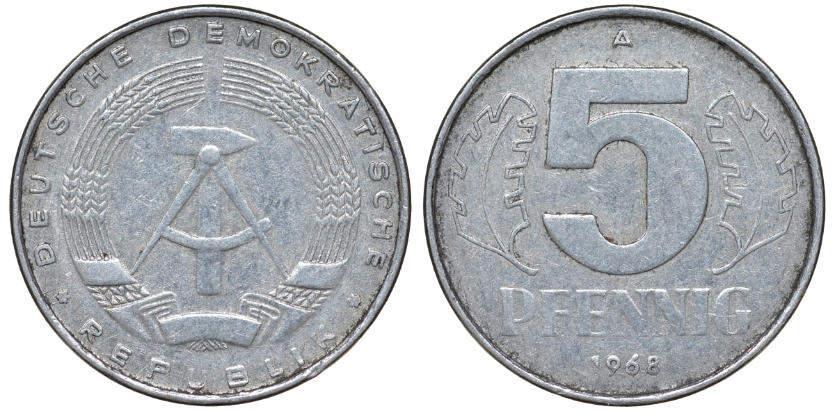 ГДР 5 ПФЕННИГОВ 1968 A KM 9.1 алюминий 62-153