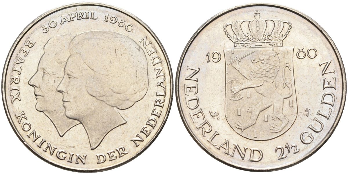 Нидерланды 2 1/2 гульдена 1980 коронация Беатрикс, 30 апреля 1980 KM 201 никель 4593-612