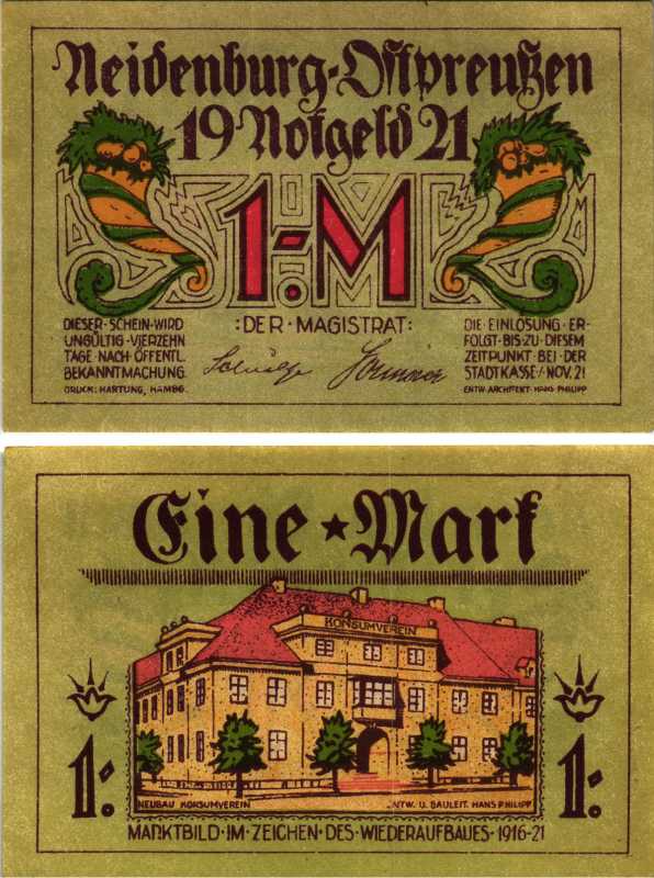 НАЙДЕНБУРГ 1 МАРКА 1921 НОТГЕЛЬД, НОЯБРЬ 1921, ЗЕМЛЯ СИЛЕЗИЯ (ПОЛЬША) Grabowski 932.4 бумага 7116-31-3-2