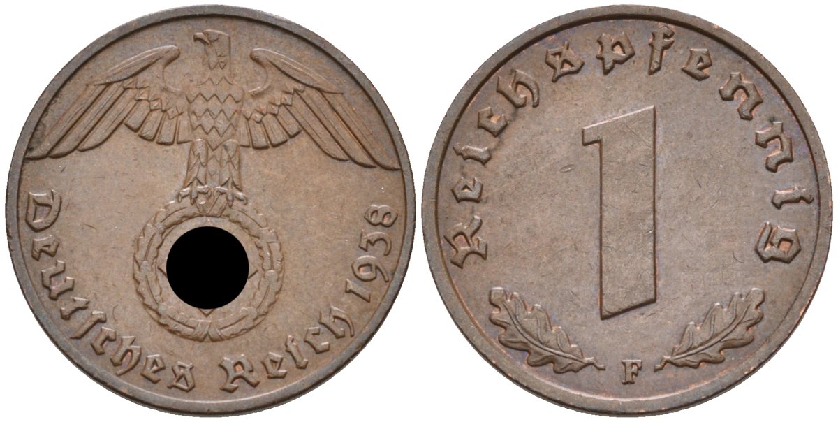 Германия 1 рейхспфенниг 1938 F, KM 89 бронза 214-666