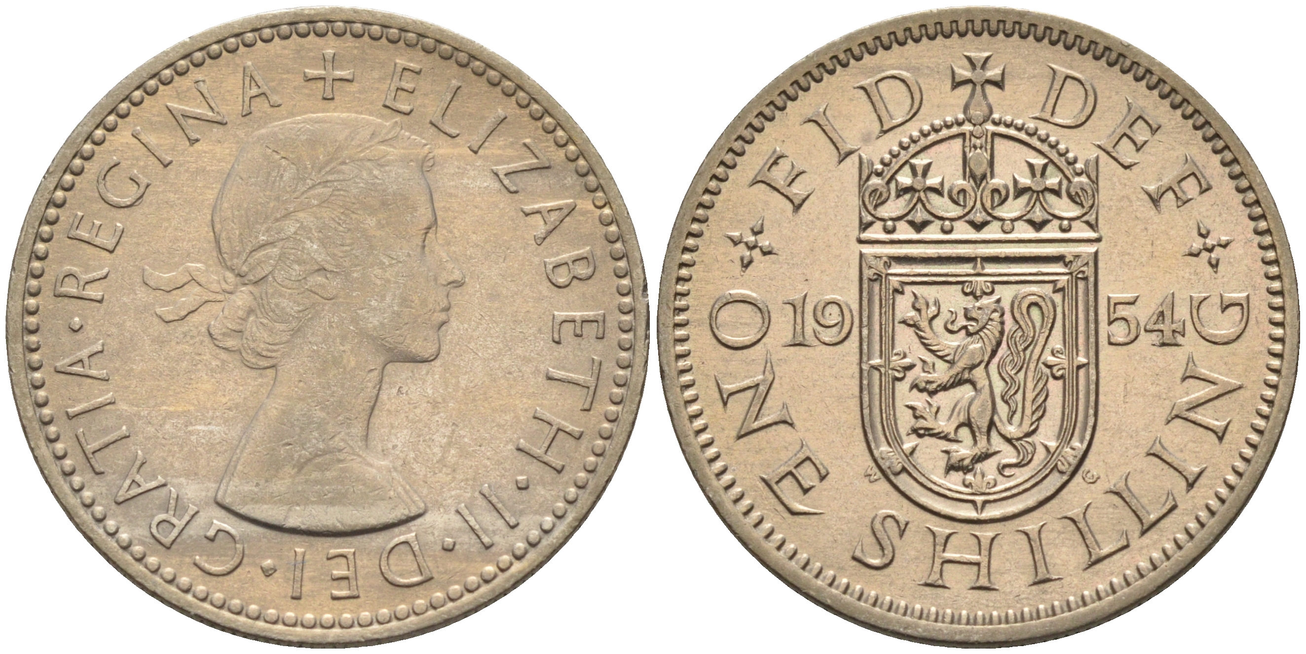 Великобритания 1 шиллинг 1954 Елизавета II (1952-2022), Шотландский герб KM 905, Spink 4148 медно-никель 4591-645